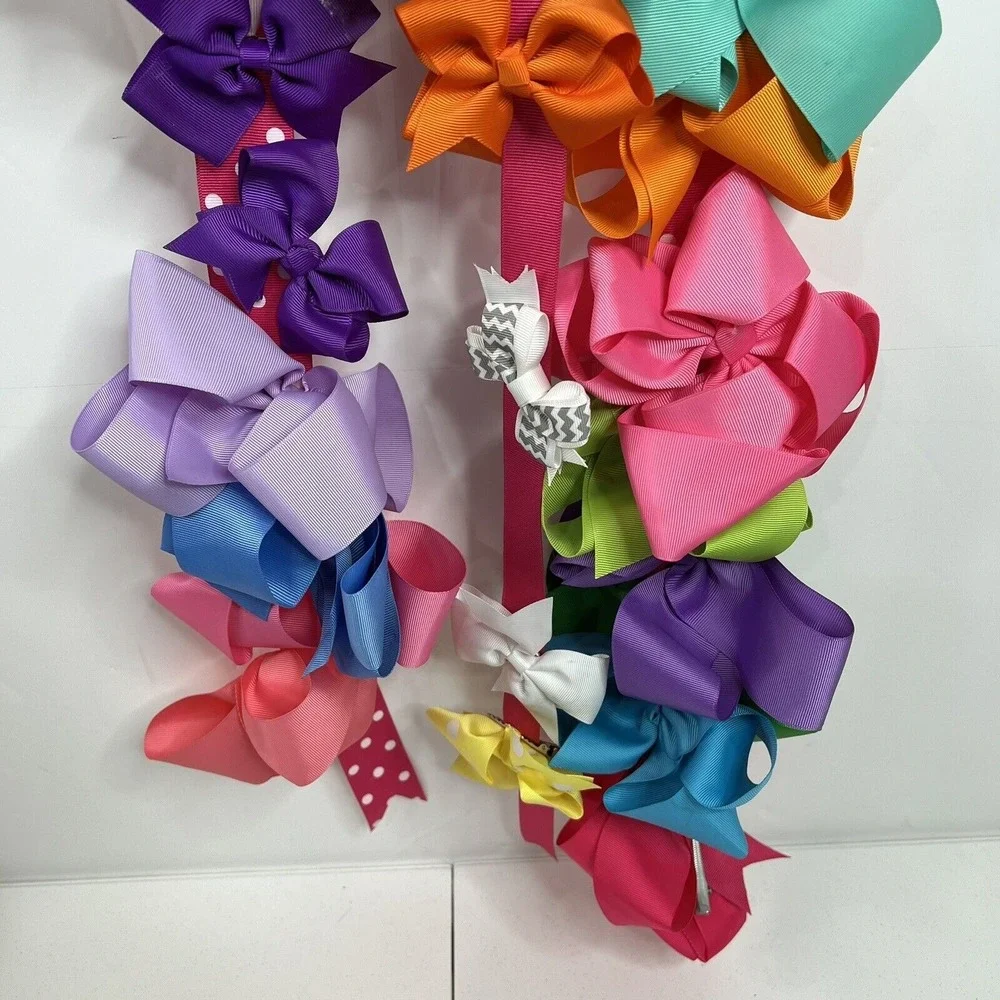 Girls Kids Hair Bow Holder Initial M White Wood Pink Ribbon 40+ Bow Lot Mix